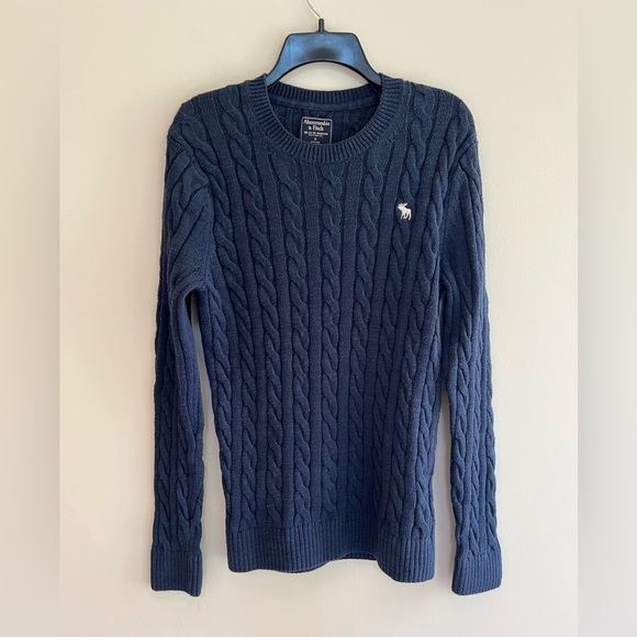 Abercrombie & Fitch Cable Knit Y2K Vintage Preppy Moose Sweater, Navy Blue, S - Picture 1 of 5